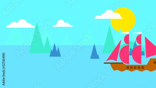 Flat animation of seascape with sun, clouds and sea transport. Looped video with color drawings of ships and sailboats.