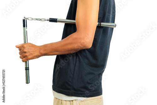 Man holding nunchaku isolated white