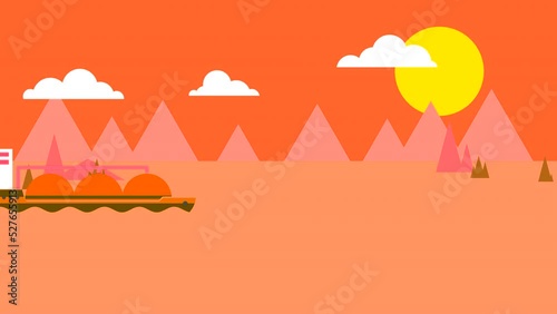 Flat animation of seascape with sun, clouds and sea transport. Looped video with color drawings of ships and sailboats. Offshore gas tanker transports hydrocarbons.