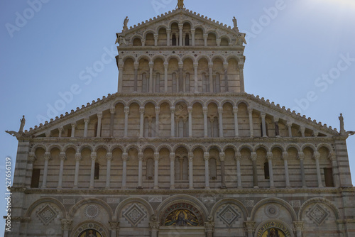Pisa, Tuscany, Italy 08-28-2022. Details of the facade of the cathedral of the square of miracles in Pisa