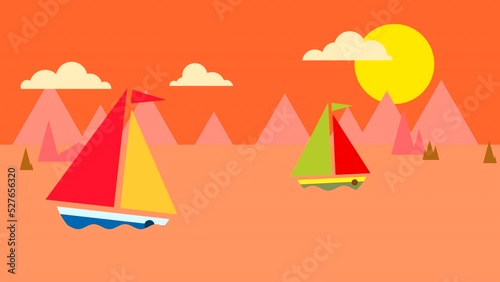 Flat animation of seascape with sun, clouds and sea transport. Looped video with color drawings of ships and sailboats.