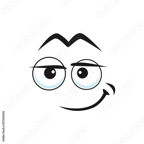 Cartoon face vector funny smirk smile emoji, satisfied relaxed facial expression. Positive feelings, relief smiling character isolated on white background photo