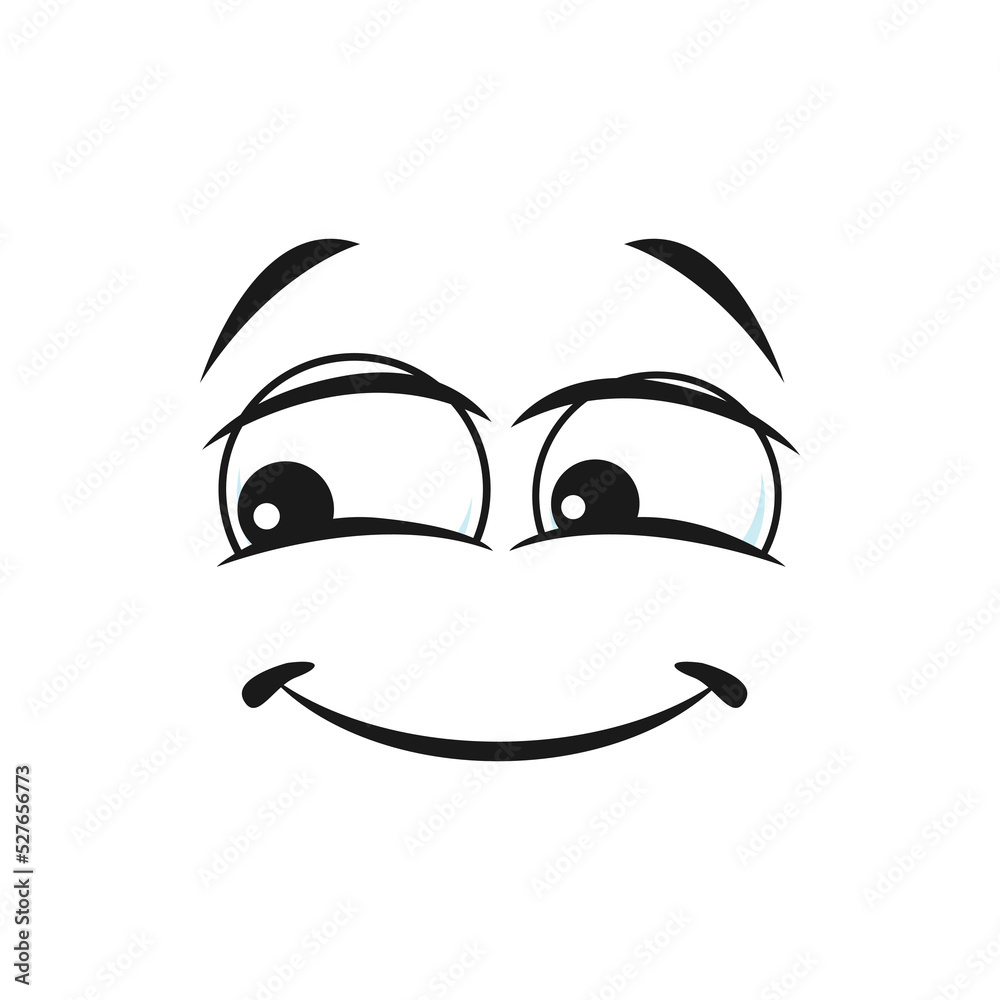Cartoon smiling face vector funny emoji with friendly thoughtful smile and squinted eyes. Happy facial expression, positive feelings isolated on white background Cartoon smiling face vector funny emoji with friendly thoughtful smile and squinted eyes. Happy facial expression, positive feelings isolated on white background