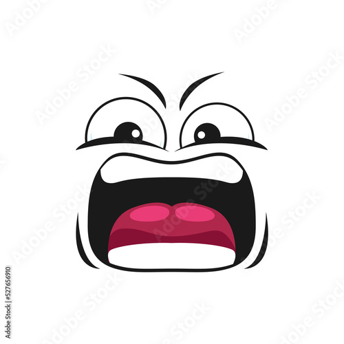 Cartoon angry face vector yelling emoji with mad eyes and yell mouth. Aggressive comic face with furrowed brows, furious facial expression isolated on white background