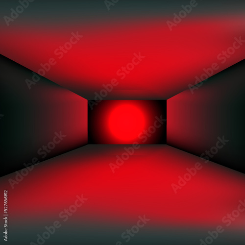 Fototapeta Naklejka Na Ścianę i Meble -  Abstraction in red tones with 3D imitation of light at the end of the tunnel. Red stage with spotlight. Creative geometric backdrop. Red 3d vector illustration.