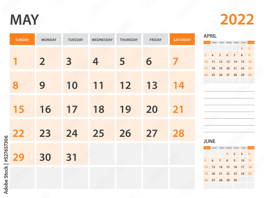 Calendar 2022 template-May 2022 year, monthly planner, Desk Calendar 2022 template, Wall calendar design, Week Start On Sunday, Stationery, printing, office organizer vector Calendar 2022 template-May 2022 year, monthly planner, Desk Calendar 2022 template, Wall calendar design, Week Start On Sunday, Stationery, printing, office organizer vector