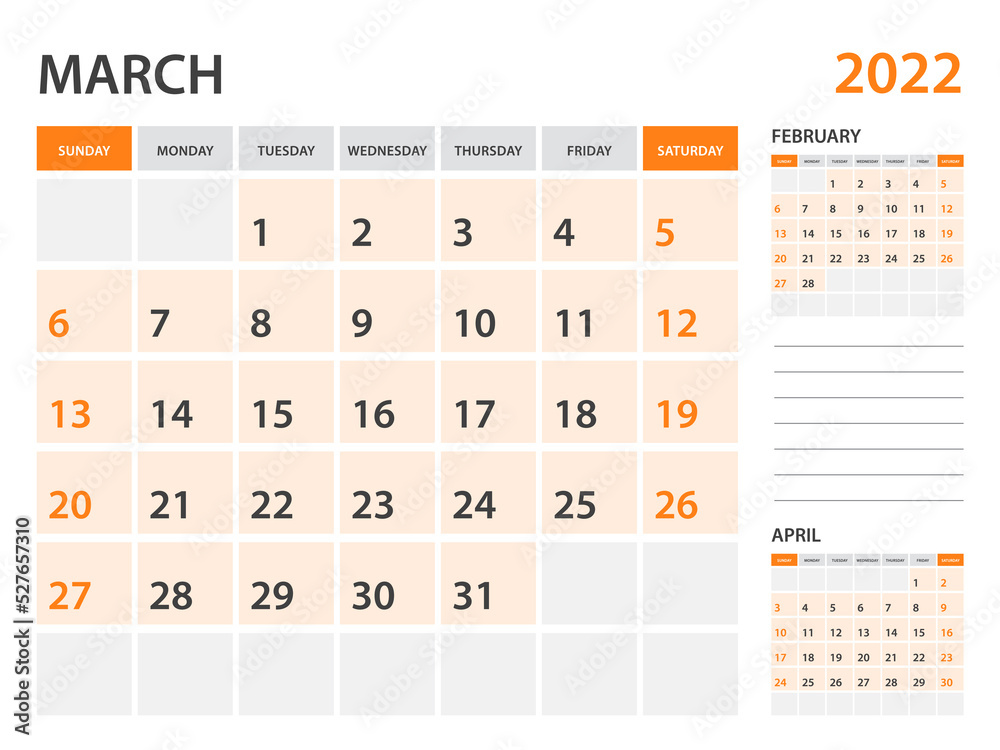 Calendar 2022 template-March 2022 year, monthly planner, Desk Calendar 2022 template, Wall calendar design, Week Start On Sunday, Stationery, printing, office organizer vector Calendar 2022 template-March 2022 year, monthly planner, Desk Calendar 2022 template, Wall calendar design, Week Start On Sunday, Stationery, printing, office organizer vector