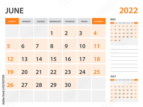 Calendar 2022 template-June 2022 year, monthly planner, Desk Calendar 2022 template, Wall calendar design, Week Start On Sunday, Stationery, printing, office organizer vector