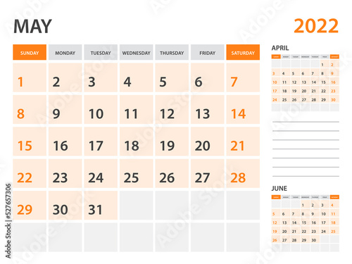 Calendar 2022 template-May 2022 year, monthly planner, Desk Calendar 2022 template, Wall calendar design, Week Start On Sunday, Stationery, printing, office organizer vector