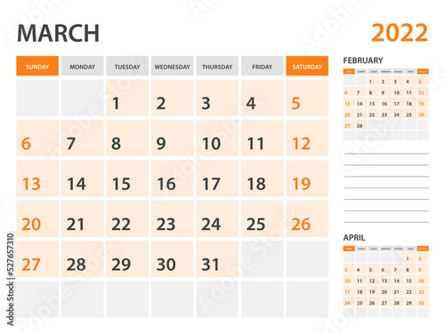 Calendar 2022 template-March 2022 year, monthly planner, Desk Calendar 2022 template, Wall calendar design, Week Start On Sunday, Stationery, printing, office organizer vector