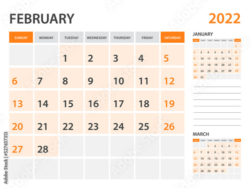 Calendar 2022 template-February 2022 year, monthly planner, Desk Calendar 2022 template, Wall calendar design, Week Start On Sunday, Stationery, printing, office organizer vector