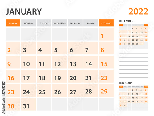 Calendar 2022 template-January 2022 year  monthly planner  Desk Calendar 2022 template  Wall calendar design  Week Start On Sunday  Stationery  printing  office organizer vector