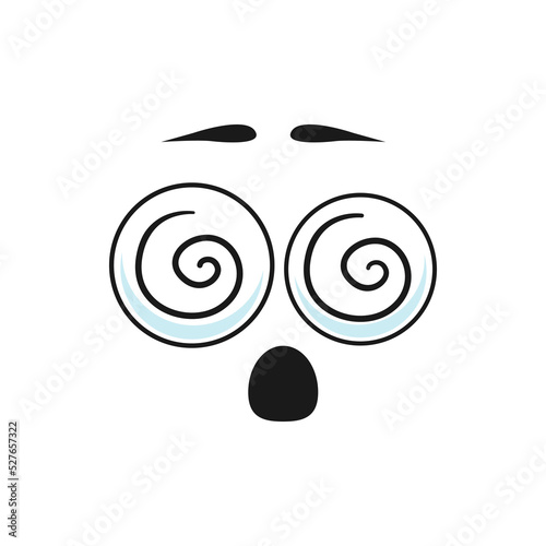 Hypnotized astonished cartoon face, vector surprised facial emoji with spirals in eyes and open mouth. Funny creature emotion, comic face with goggle round eyes