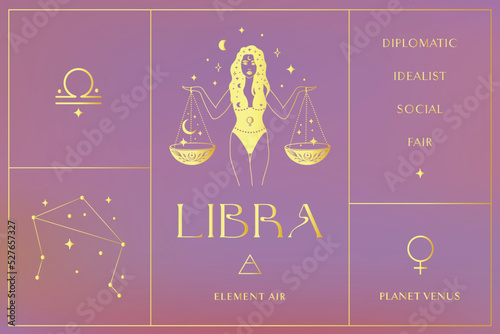 Libra Zodiac Sign Golden Design Illustrations. Esoteric Vector Element, Icon