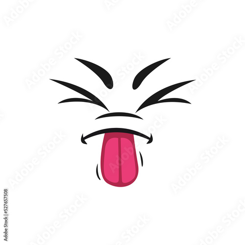 Cartoon face with pink sticking tongue and closed eyes, vector tease or sour taste facial expression, funny emoji. Naughty or disgusting emotion isolated on white background