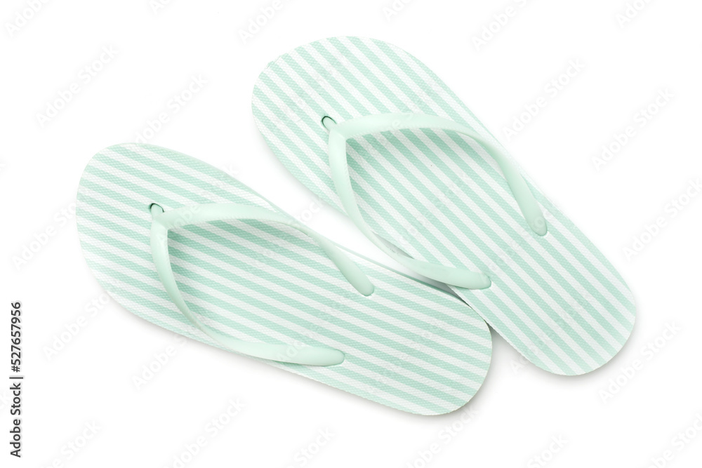 Green flip flops isolated on white background, top view Green flip flops isolated on white background, top view