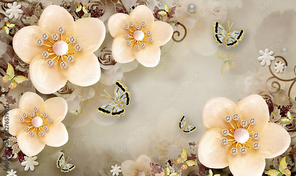3d wallpaper flower and butterfly beautiful design for home interior Stock  Illustration | Adobe Stock