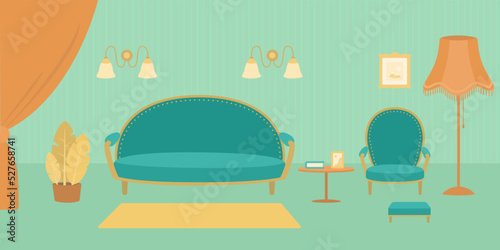 Cozy interior in green colors. Cartoon flat style. Vector illustration. Home interior concept