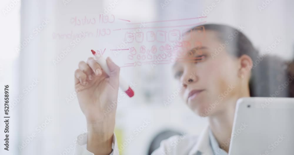 Scientist in lab working or writing on glass board or wall chemical formula, equation or research data. Biology, chemistry or medicine innovation as science worker with tablet write down test results