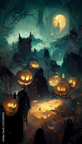 Photo Halloween theme with pumpkins ghosts bats in the dark night