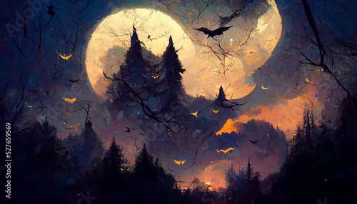 Fotografia halloween forest theme bat flying moonlight