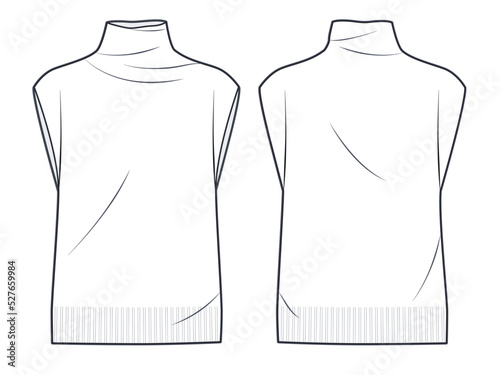 Women's Roll Neck Sweater Vest technical fashion illustration. Knitted Vest technical drawing template, front and back view, white colour, CAD mock-up.
