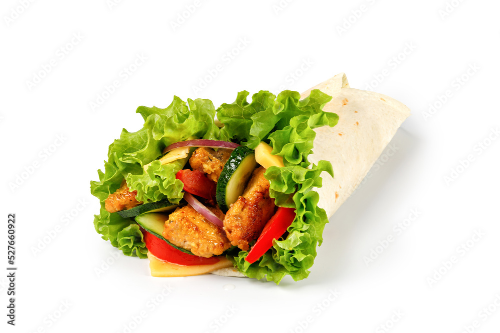 Sandwich roll with chicken meat, vegetables, lettuce, pita roll ...