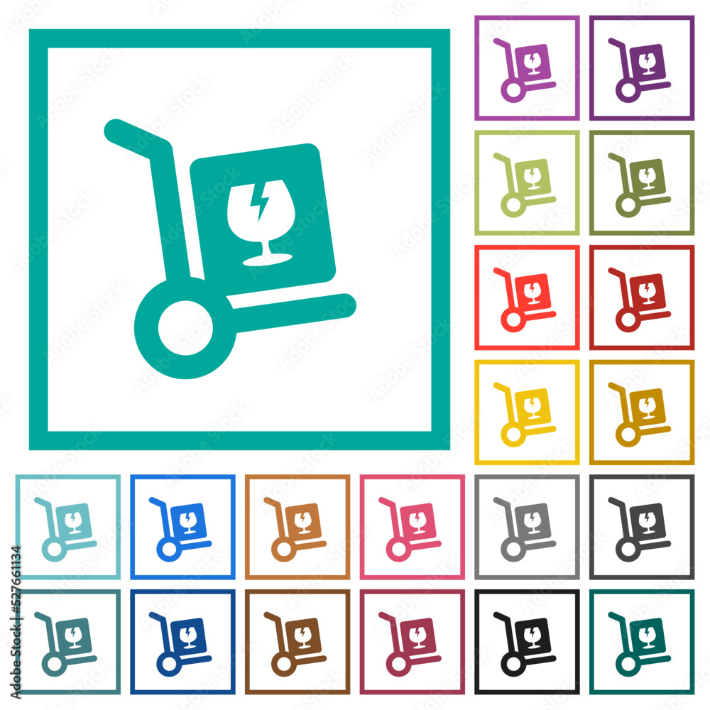 Fragile parcel delivery solid flat color icons with quadrant frames Fragile parcel delivery solid flat color icons with quadrant frames