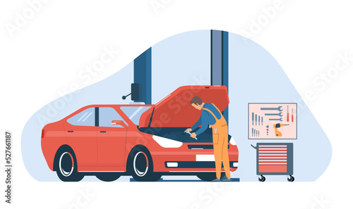 Concept for car service. Mechanic working under the hood of a car. Vector illustration.