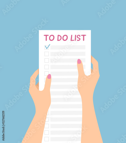 Female hands holding a long to do list on a blue background. Flat vector illustration