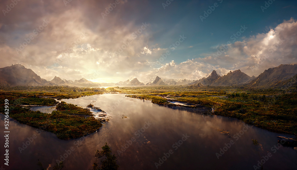 Beautiful landscape, trees, mountains, water, open sky with clouds