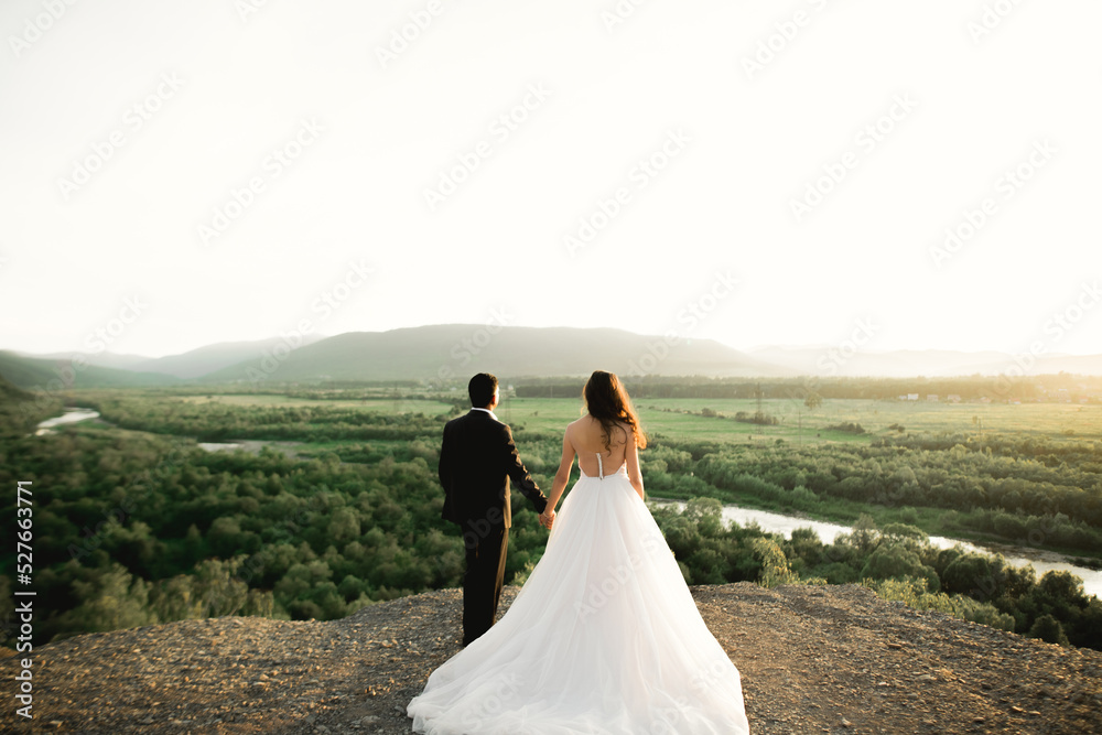 Wedding couple holding hands, groom and bride together on wedding day