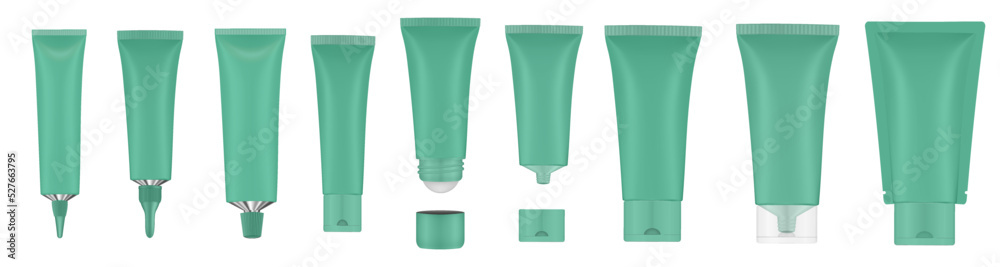 Set of green tubes and bottles. Roller ball tube. Open and closed blank tubes with screw cap. Realistic mockup. Long nozzle tube. Ointment or salve. Gel serum. Korean packaging Set of green tubes and bottles. Roller ball tube. Open and closed blank tubes with screw cap. Realistic mockup. Long nozzle tube. Ointment or salve. Gel serum. Korean packaging