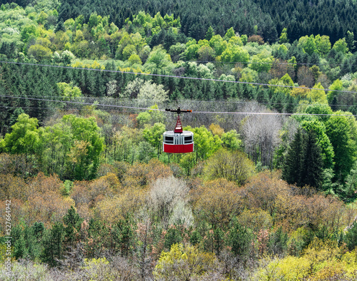 Cable car at background of forest at sunny day