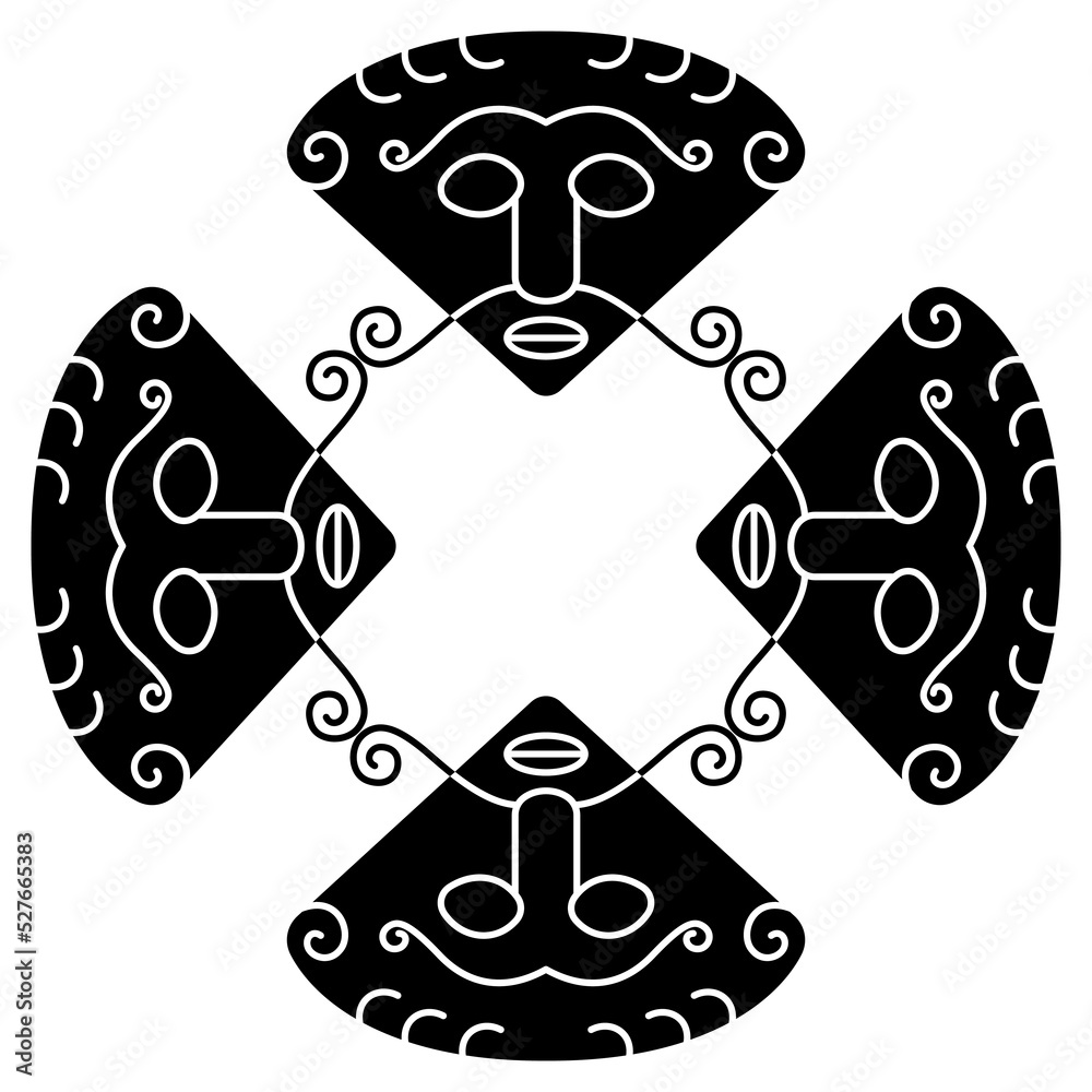 Geometrical design with masks of Norse god Loki. Black and white silhouette. - obrazy, fototapety, plakaty 
