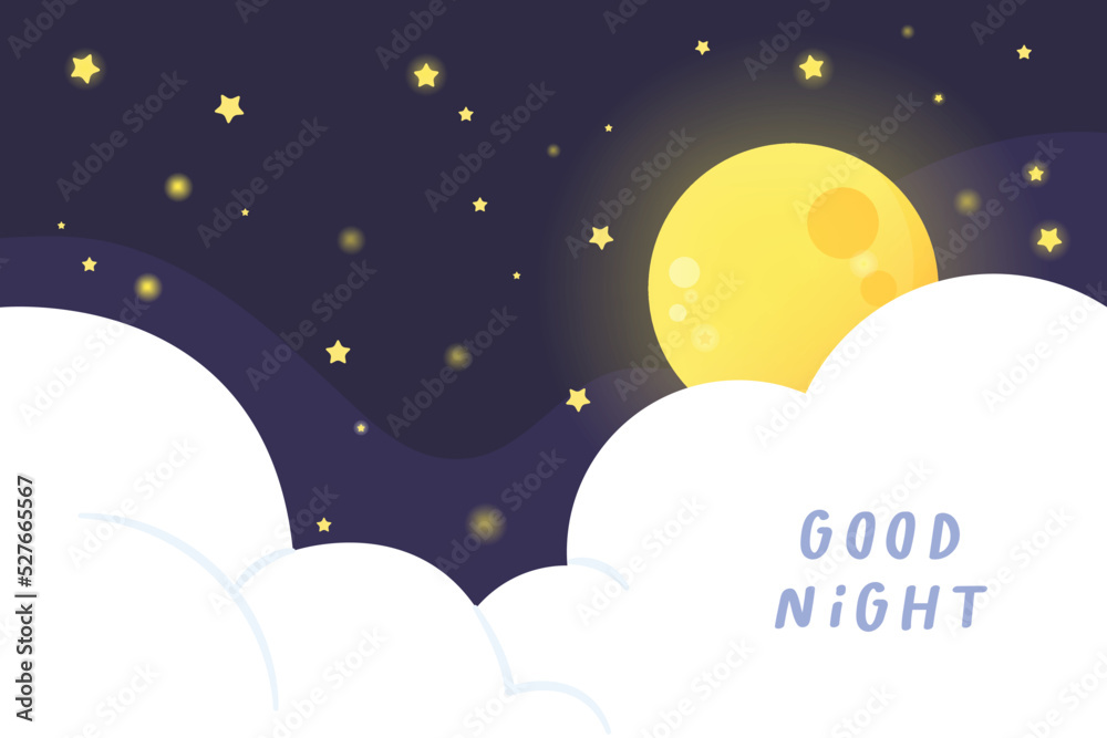 Bright moon with stars behind clouds in the dark sky. Good night template. Bright moon with stars behind clouds in the dark sky. Good night template.