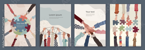 Group of multicultural business people holding a piece of jigsaw.Colleagues of diverse ethnic groups and cultures. Cooperate - collaborate. Teamwork concept. Banner - Poster - template