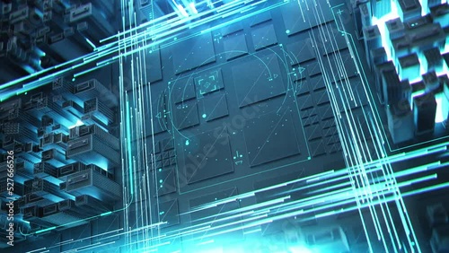 Visualization of the circuit board, starting artificial intelligence. Digitalization of neural connection and computing data