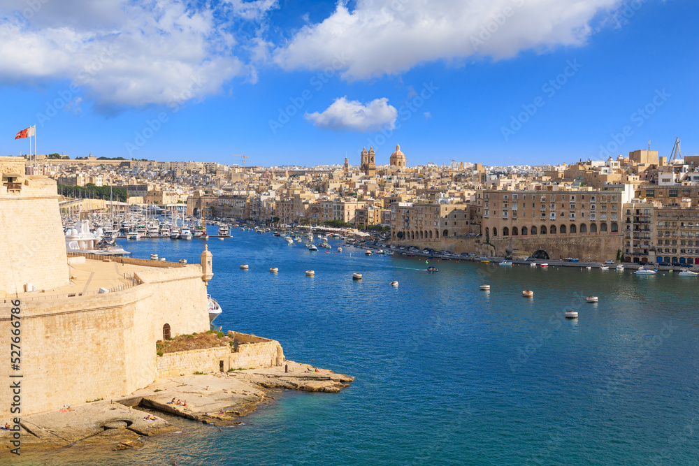 Skyline of Valletta, Malta. Panoramic view from the Grand Harbour.