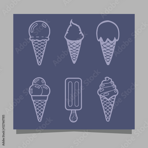 Ice cream icons of various shapes drawn on paper are perfect for depicting something sweet related to ice cream in flyers, logos, banners and others.