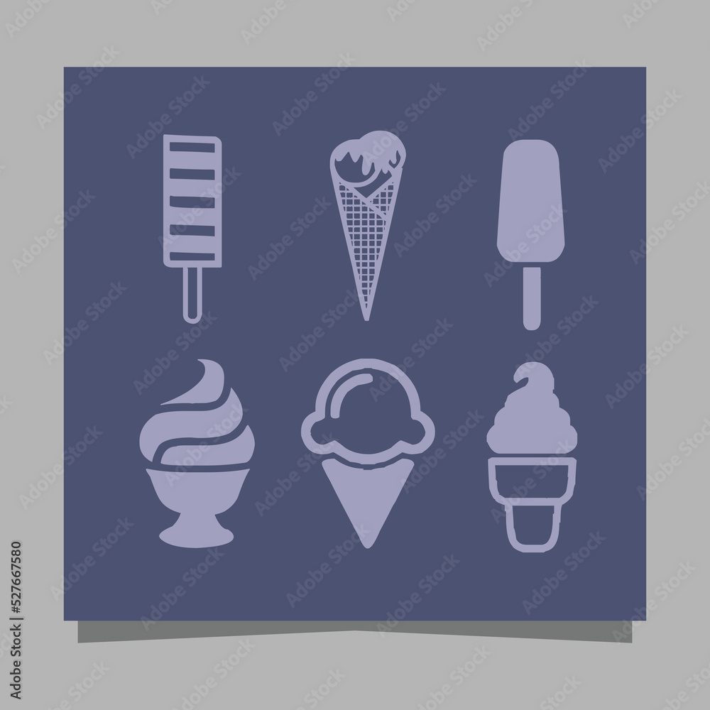 Ice cream icons of various shapes drawn on paper are perfect for depicting something sweet related to ice cream in flyers, logos, banners and others.