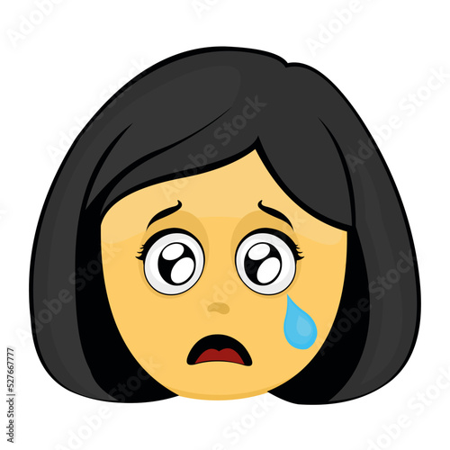 Vector emoticon illustration of a yellow cartoon woman with a sad expression, crying with a tear falling from one of her eyes