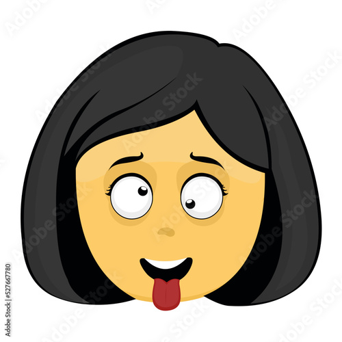 Vector illustration of the yellow emoticon face of a cartoon woman with a crazy expression