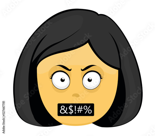 Vector illustration of the yellow emoticon face of a cartoon woman with an angry expression and a censored insult