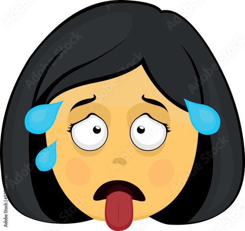 Vector emoticon illustration of an exhausted yellow cartoon woman with drops of sweat on her head and her tongue hanging out