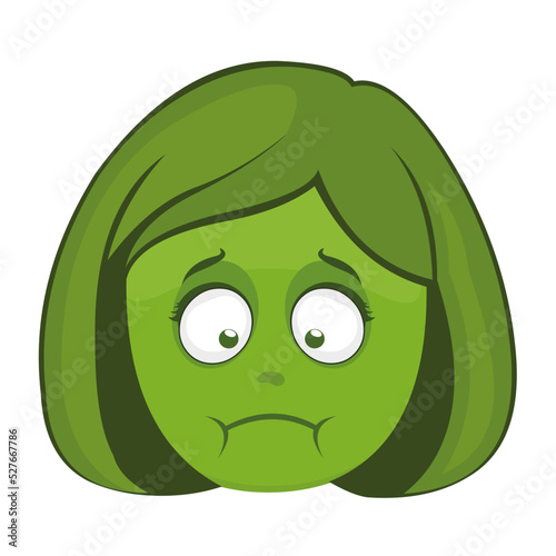 Vector emoji illustration of a cartoon woman with a green color of nausea and vomiting