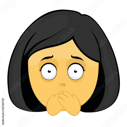 Vector emoticon illustration of a yellow cartoon woman face covering her mouth with her hand