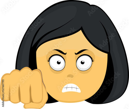 Vector illustration of the yellow emoticon face of a cartoon woman with an angry expression and giving a fist bump