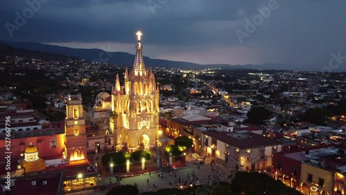 top view drone to san Miguel de allende streets and town, in sunset and night, top and side view with copy  space photo