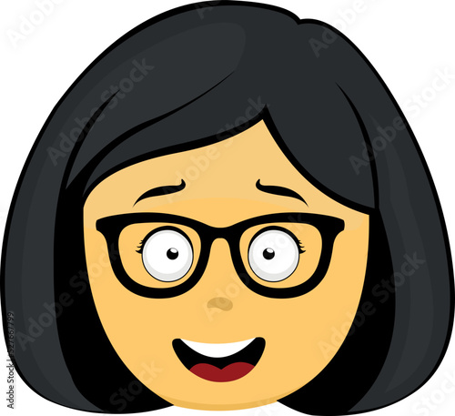 Vector emoji illustration of a yellow cartoon woman with nerdy glasses and a happy expression